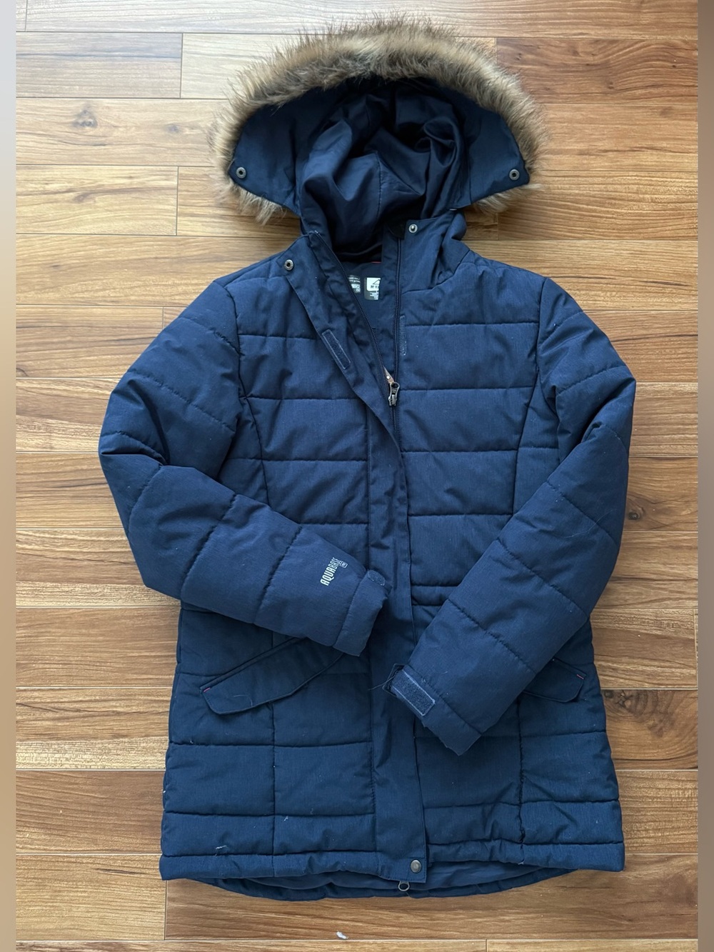 McKinley AquaBase Navy Puffer Winter Jacket Coat Faux Fur Hood Size L